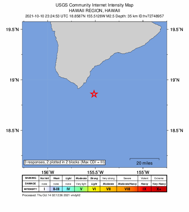 USGS DYFI community-reported intensity map for the M2.5 earthquake near 24 km SSE of Naalehu, Hawaii