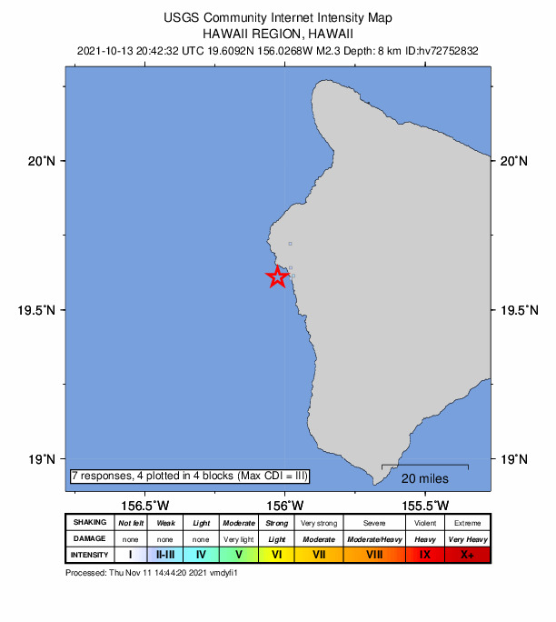 USGS DYFI community-reported intensity map for the M2.3 earthquake near 4 km SW of Kailua-Kona, Hawaii