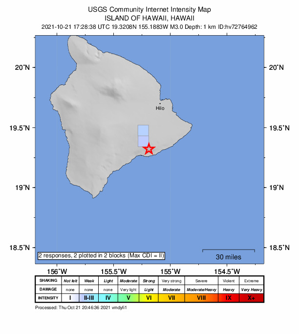 USGS DYFI community-reported intensity map for the M3.0 earthquake near 14 km SSE of Volcano, Hawaii