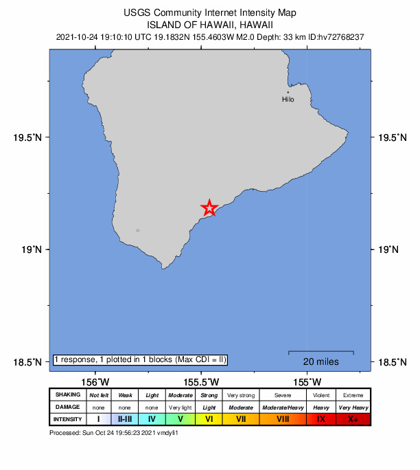 USGS DYFI community-reported intensity map for the M2.0 earthquake near 2 km SE of P?hala, Hawaii