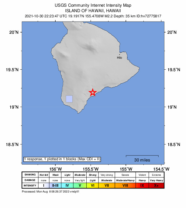 USGS DYFI community-reported intensity map for the M2.2 earthquake near 1 km SSE of P?hala, Hawaii
