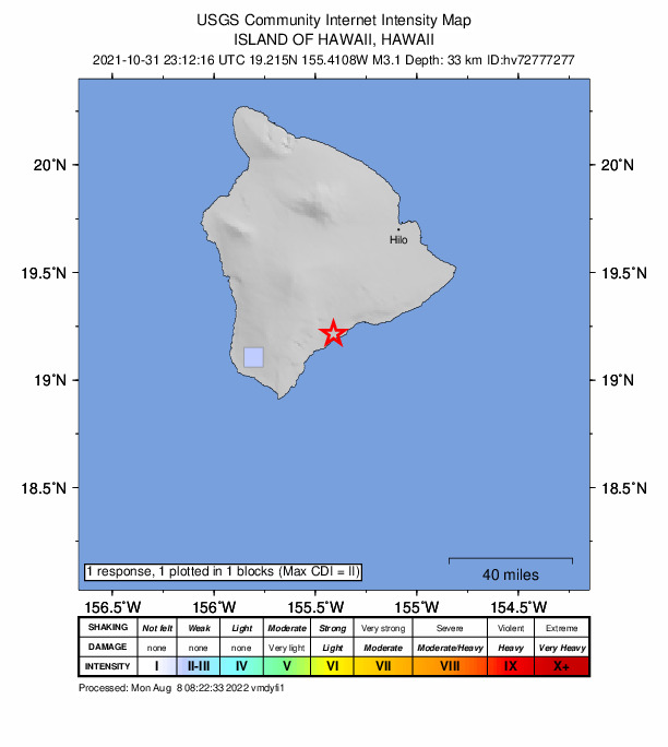 USGS DYFI community-reported intensity map for the M3.1 earthquake near 7 km E of P?hala, Hawaii