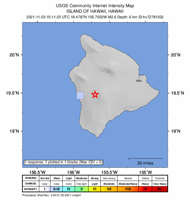 USGS DYFI community-reported intensity map for the M2.6 earthquake near 17 km E of Honaunau-Napoopoo, Hawaii
