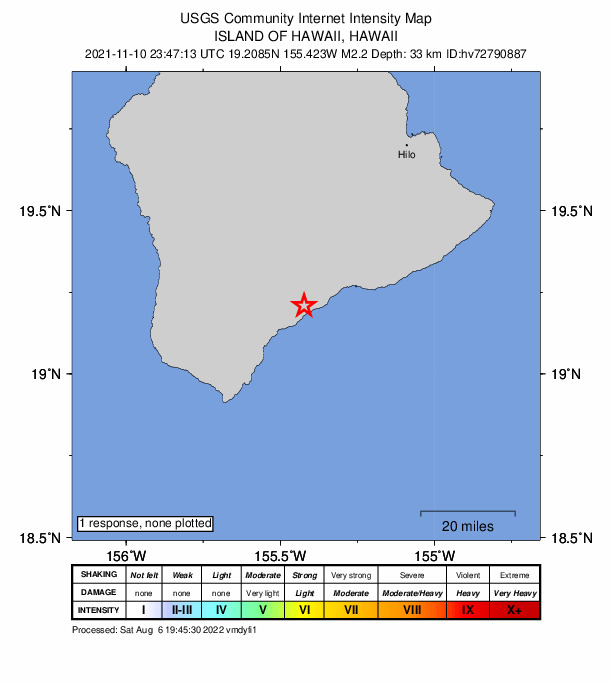 USGS DYFI community-reported intensity map for the M2.2 earthquake near 5 km E of P?hala, Hawaii