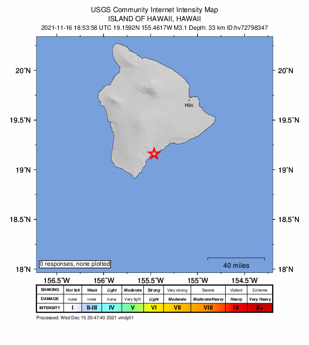 USGS DYFI community-reported intensity map for the M3.1 earthquake near 5 km SSE of P?hala, Hawaii