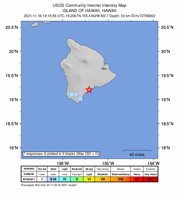 USGS DYFI community-reported intensity map for the M3.7 earthquake near 6 km E of P?hala, Hawaii