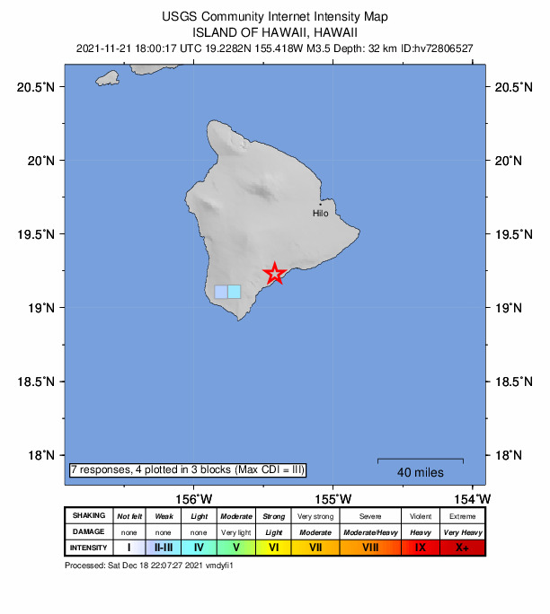 USGS DYFI community-reported intensity map for the M3.5 earthquake near 6 km ENE of P?hala, Hawaii