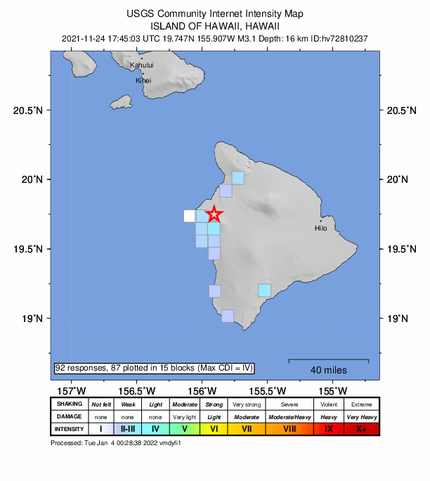 USGS DYFI community-reported intensity map for the M3.1 earthquake near 8 km ENE of Kalaoa, Hawaii