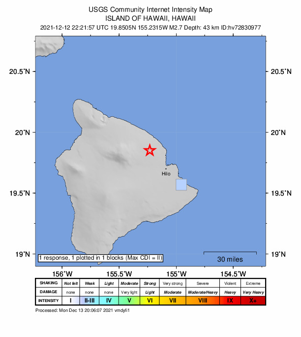 USGS DYFI community-reported intensity map for the M2.7 earthquake near 12 km WSW of Honomu, Hawaii
