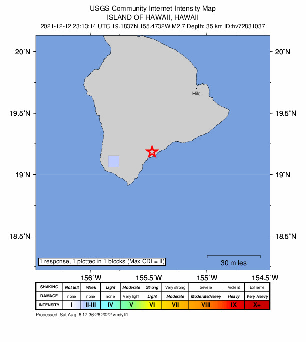 USGS DYFI community-reported intensity map for the M2.7 earthquake near 2 km SSE of P?hala, Hawaii
