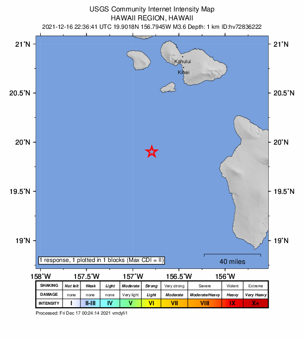 USGS DYFI community-reported intensity map for the M3.6 earthquake near 87 km WNW of Kalaoa, Hawaii
