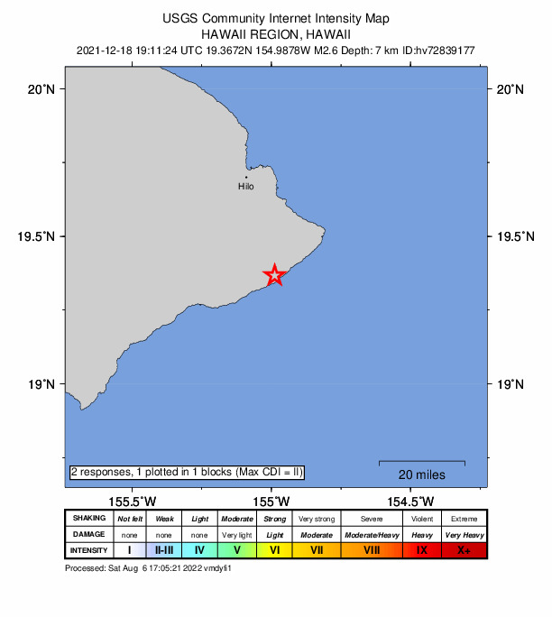 USGS DYFI community-reported intensity map for the M2.6 earthquake near 13 km SSW of Leilani Estates, Hawaii