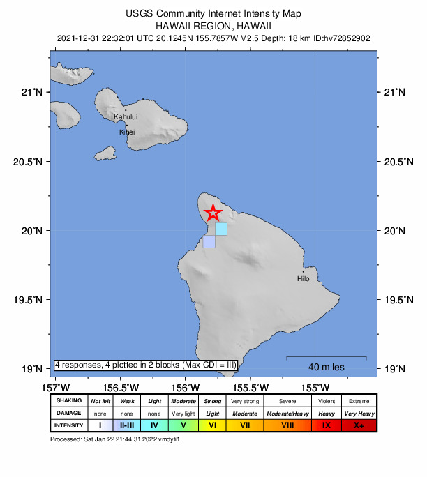USGS DYFI community-reported intensity map for the M2.8 earthquake near 11 km S of Kapaau, Hawaii