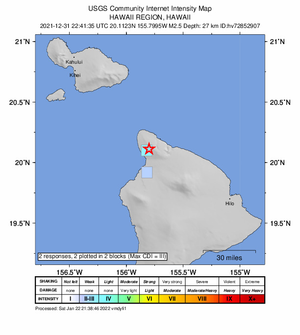 USGS DYFI community-reported intensity map for the M2.6 earthquake near 10 km S of Kapaau, Hawaii