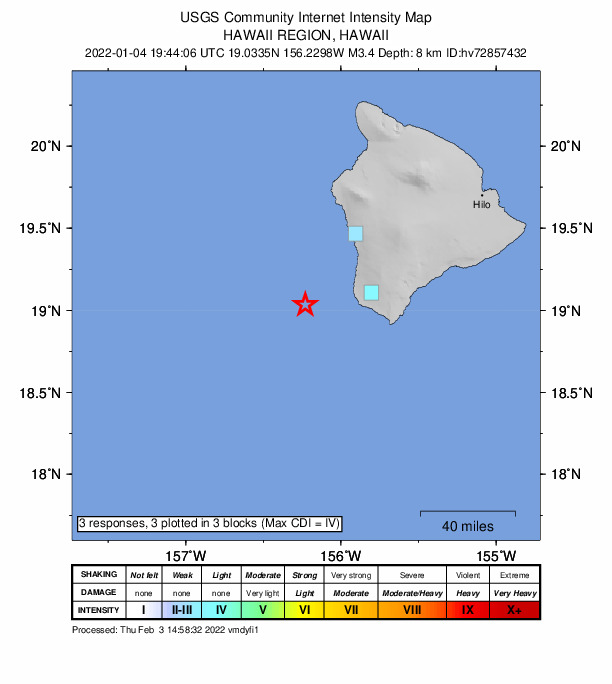 USGS DYFI community-reported intensity map for the M3.4 earthquake near 49 km W of Hawaiian Ocean View, Hawaii