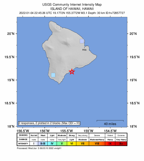 USGS DYFI community-reported intensity map for the M3.1 earthquake near 11 km ESE of P?hala, Hawaii