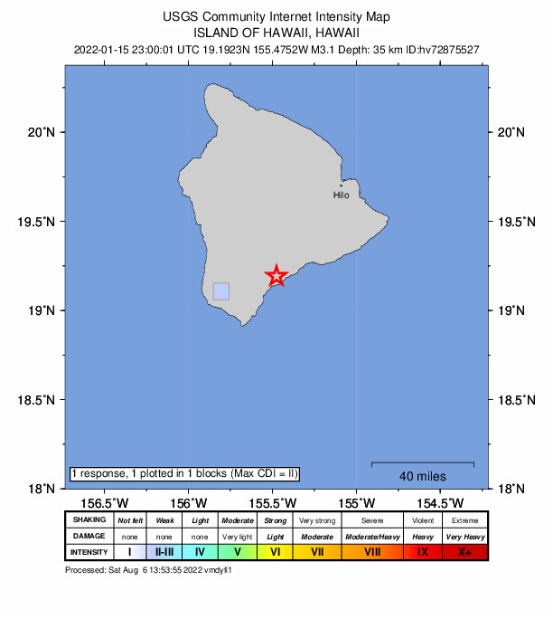 USGS DYFI community-reported intensity map for the M3.1 earthquake near 1 km SSE of P?hala, Hawaii