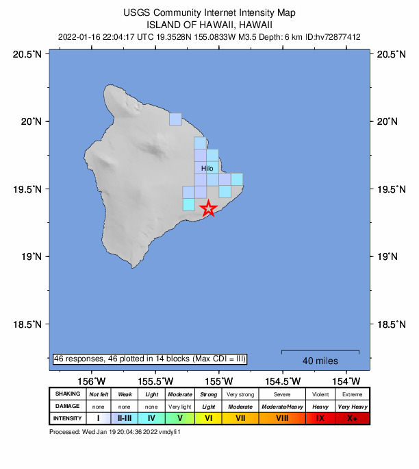 USGS DYFI community-reported intensity map for the M3.5 earthquake near 13 km SSE of Fern Forest, Hawaii