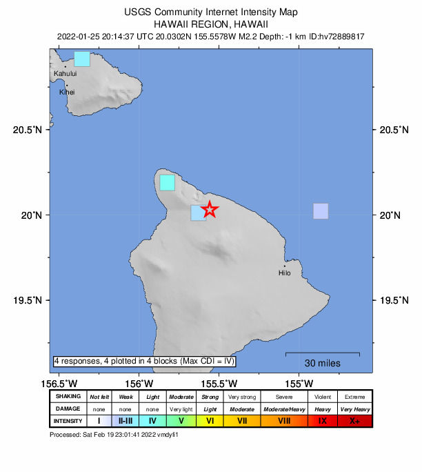 USGS DYFI community-reported intensity map for the M2.2 earthquake near 10 km S of Kukuihaele, Hawaii