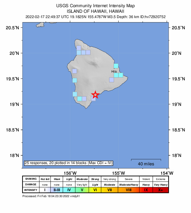 USGS DYFI community-reported intensity map for the M3.5 earthquake near Island of Hawaii, Hawaii