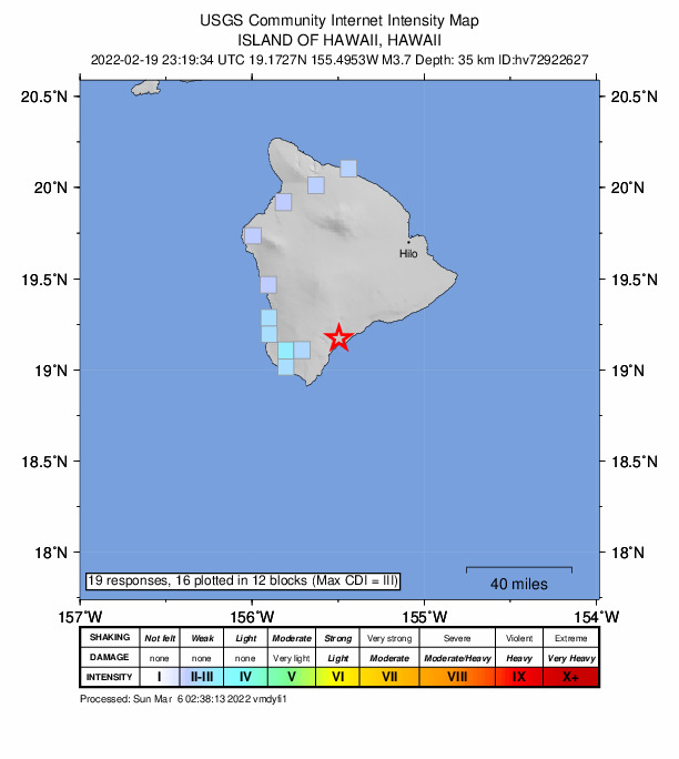 USGS DYFI community-reported intensity map for the M3.7 earthquake near 3 km SSW of P?hala, Hawaii