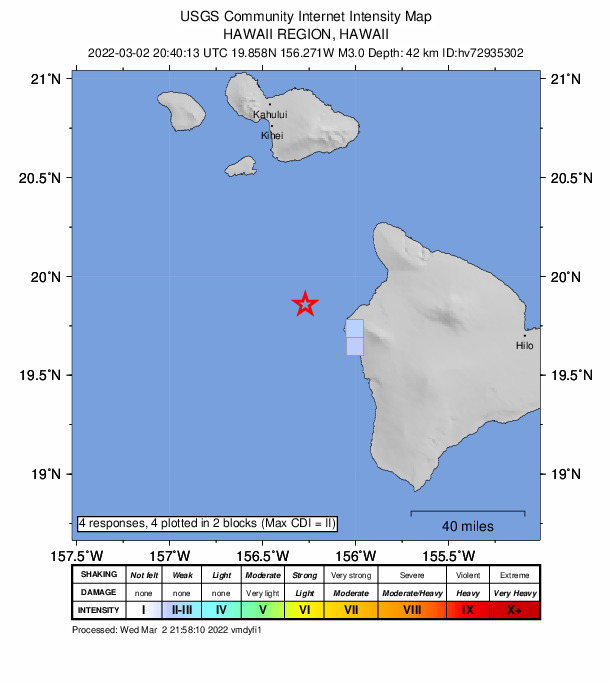 USGS DYFI community-reported intensity map for the M3.0 earthquake near 33 km WNW of Kalaoa, Hawaii