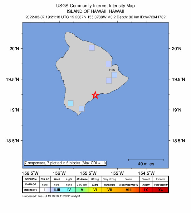 USGS DYFI community-reported intensity map for the M3.2 earthquake near 11 km ENE of P?hala, Hawaii