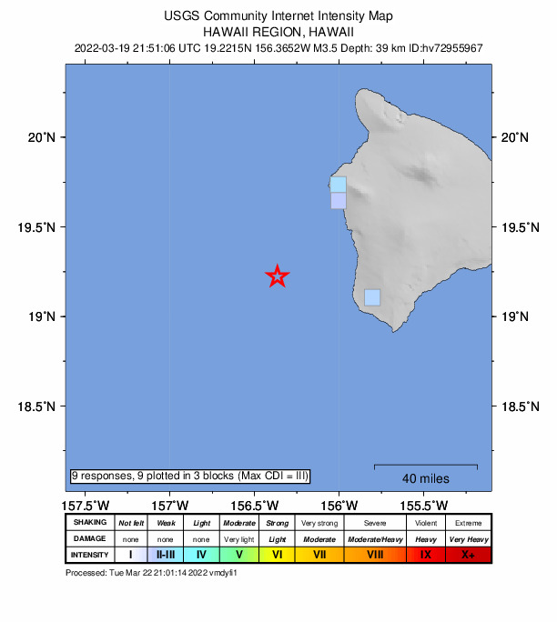 USGS DYFI community-reported intensity map for the M3.5 earthquake near 55 km WSW of Captain Cook, Hawaii
