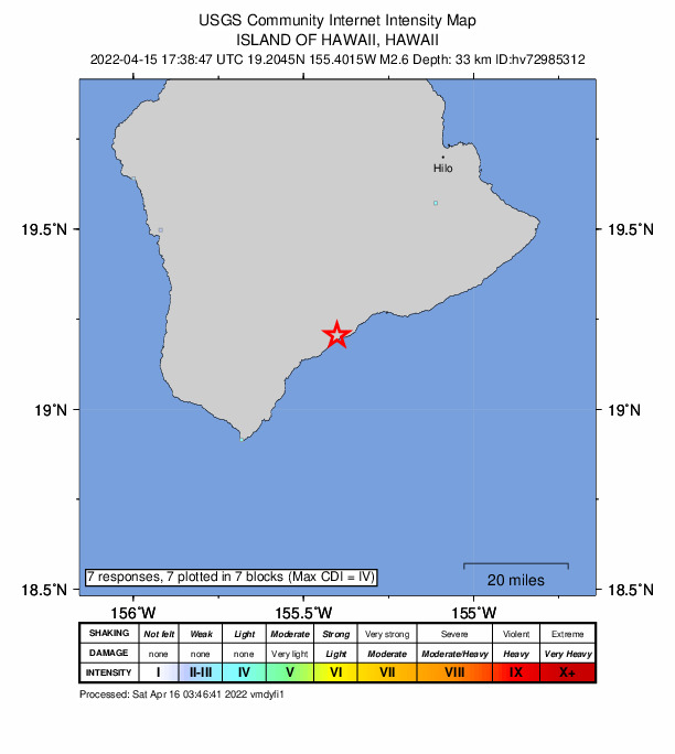 USGS DYFI community-reported intensity map for the M2.6 earthquake near 8 km E of P?hala, Hawaii