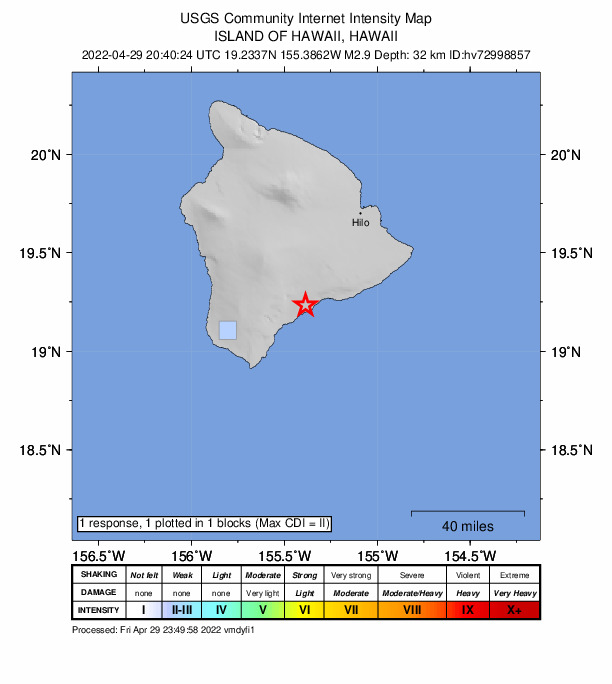 USGS DYFI community-reported intensity map for the M2.9 earthquake near 10 km ENE of P?hala, Hawaii