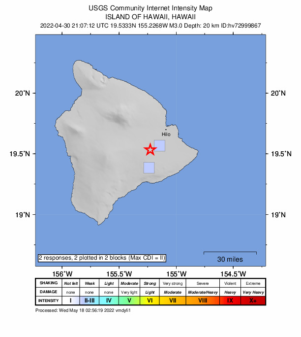 USGS DYFI community-reported intensity map for the M3.0 earthquake near 10 km N of Volcano, Hawaii