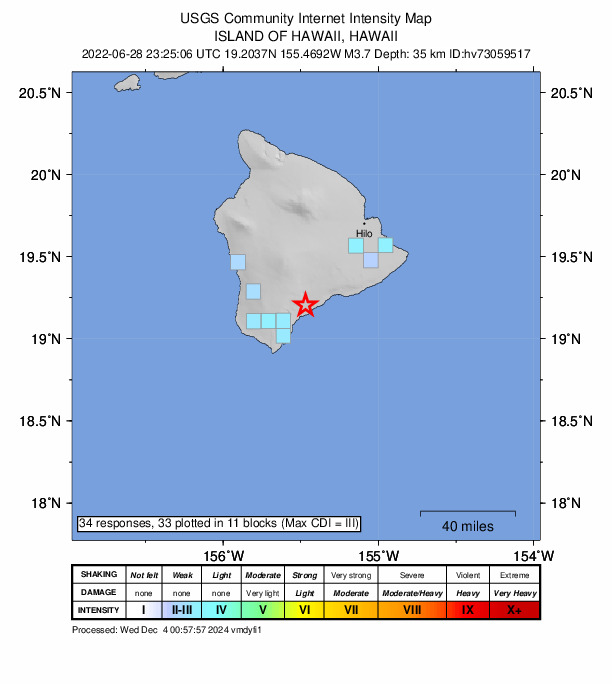 USGS DYFI community-reported intensity map for the M3.7 earthquake near 0 km E of P?hala, Hawaii