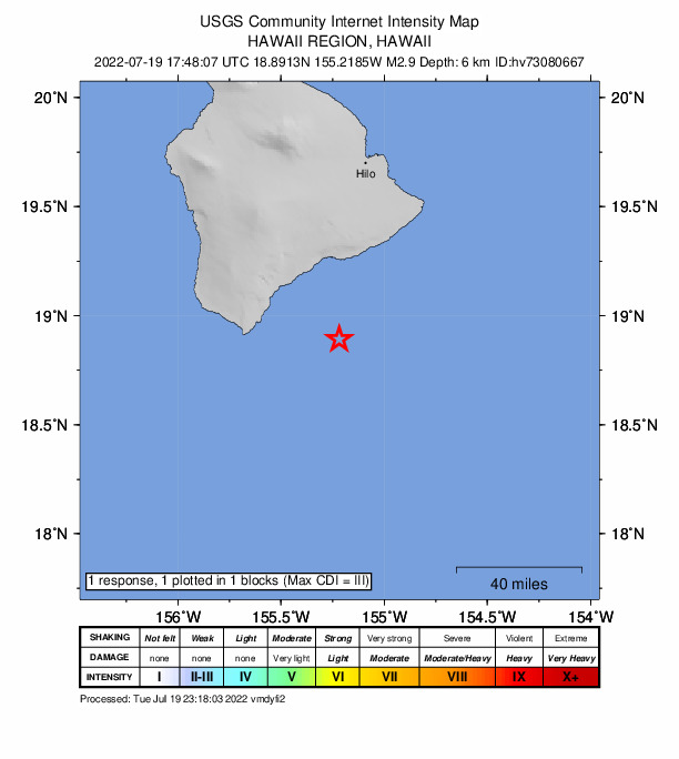 USGS DYFI community-reported intensity map for the M2.9 earthquake near 42 km ESE of Naalehu, Hawaii