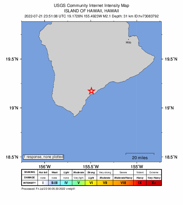 USGS DYFI community-reported intensity map for the M2.1 earthquake near 3 km SSW of P?hala, Hawaii