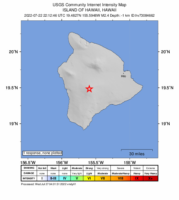 USGS DYFI community-reported intensity map for the M2.4 earthquake near 28 km E of Honaunau-Napoopoo, Hawaii