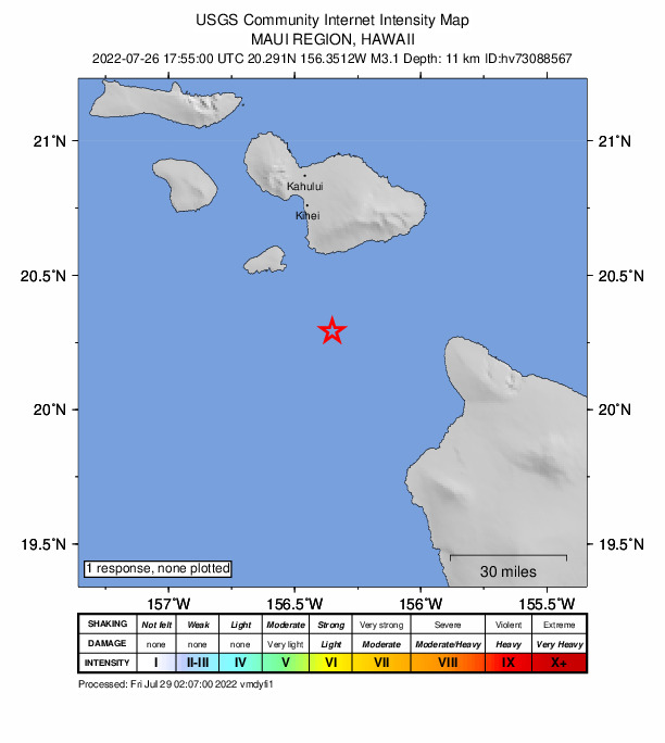 USGS DYFI community-reported intensity map for the M3.1 earthquake near Maui region, Hawaii