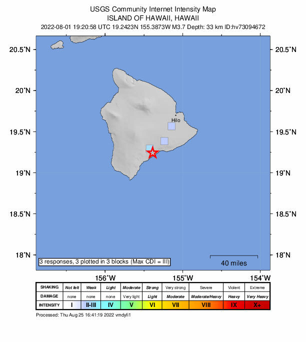 USGS DYFI community-reported intensity map for the M3.7 earthquake near 10 km ENE of P?hala, Hawaii