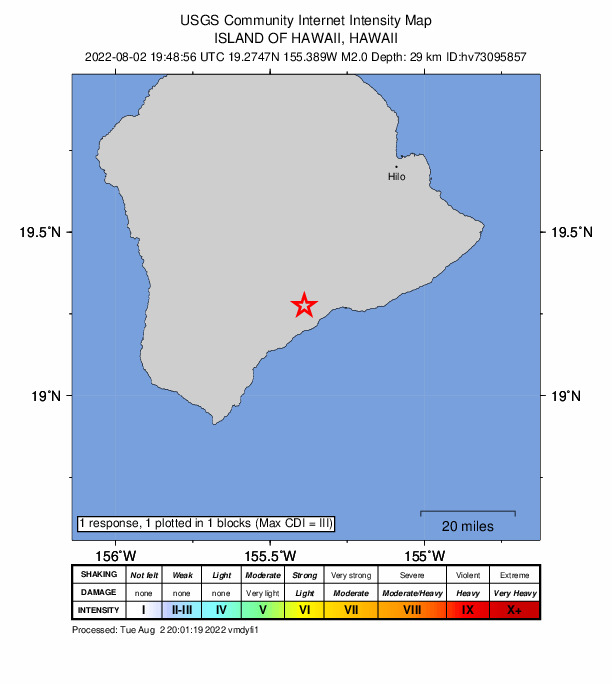 USGS DYFI community-reported intensity map for the M2.0 earthquake near 12 km NE of P?hala, Hawaii