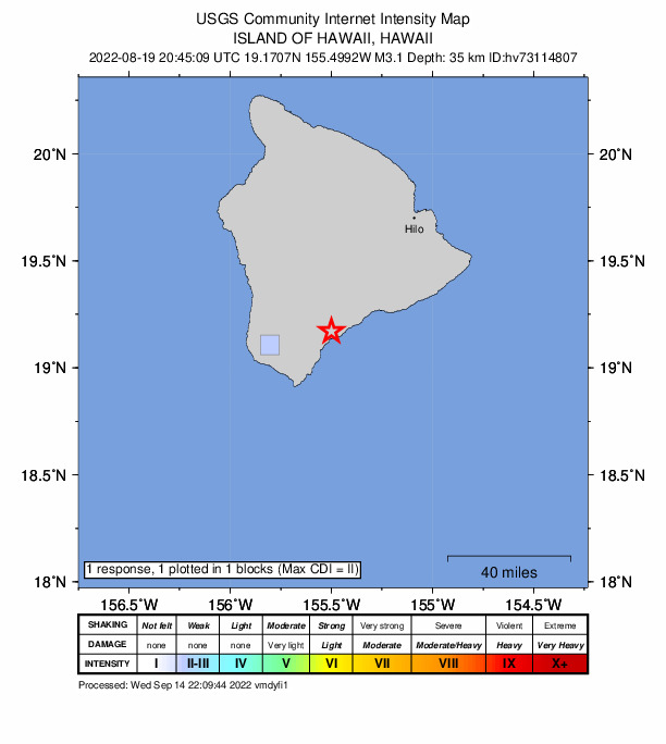 USGS DYFI community-reported intensity map for the M3.1 earthquake near 4 km SSW of P?hala, Hawaii
