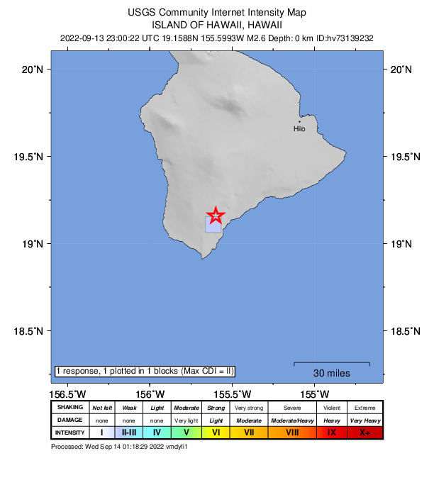 USGS DYFI community-reported intensity map for the M2.6 earthquake near Island of Hawaii, Hawaii