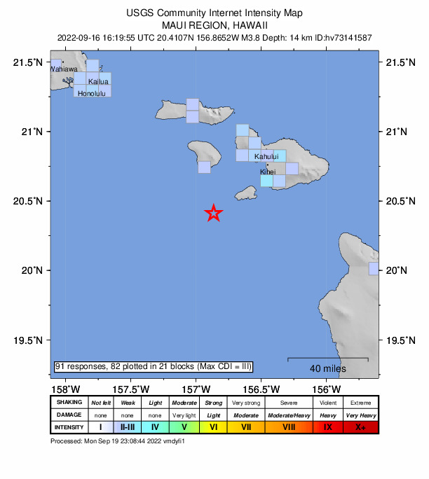 USGS DYFI community-reported intensity map for the M3.8 earthquake near 46 km S of Lanai City, Hawaii