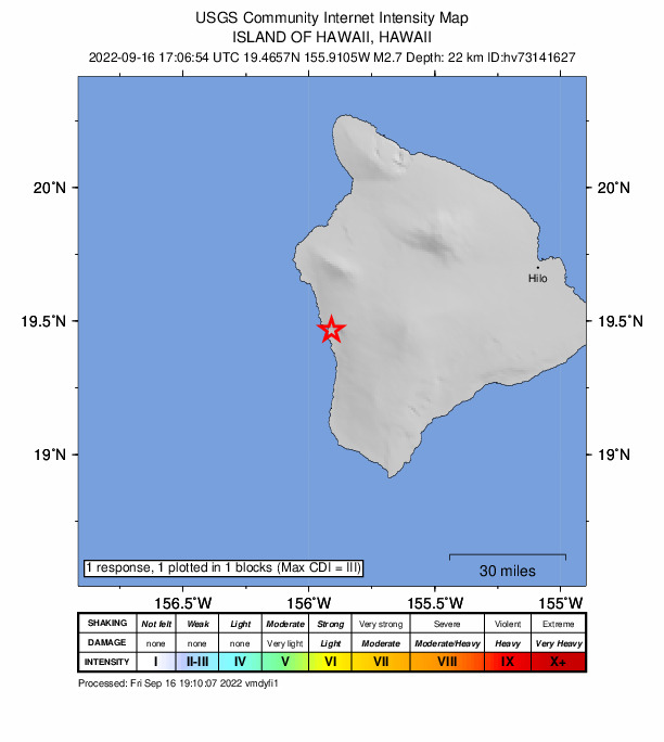 USGS DYFI community-reported intensity map for the M2.7 earthquake near Island of Hawaii, Hawaii