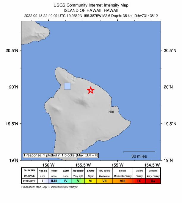 USGS DYFI community-reported intensity map for the M2.6 earthquake near 9 km SSW of Pa‘auilo, Hawaii