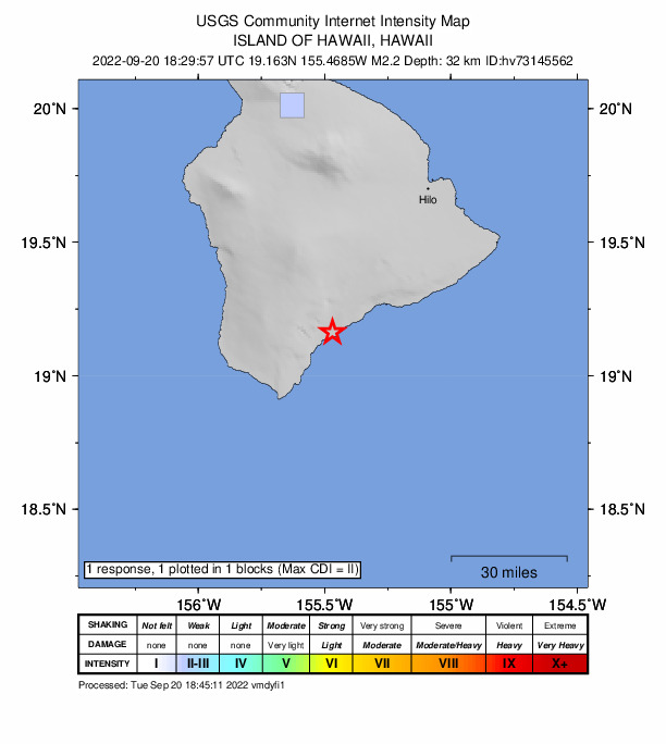 USGS DYFI community-reported intensity map for the M2.2 earthquake near 4 km SSE of P?hala, Hawaii