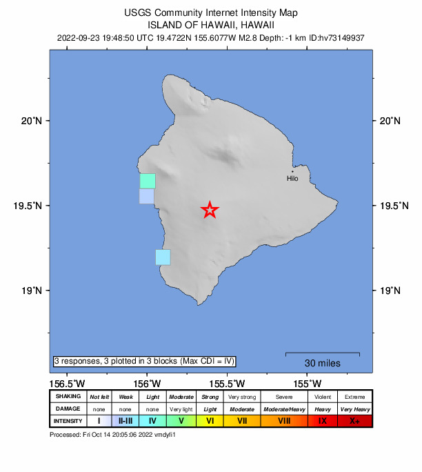 USGS DYFI community-reported intensity map for the M2.8 earthquake near 27 km E of Honaunau-Napoopoo, Hawaii