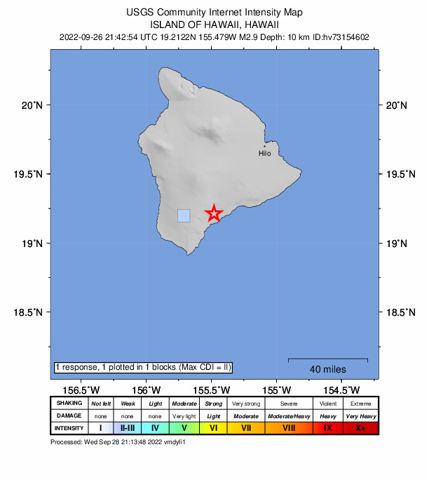 USGS DYFI community-reported intensity map for the M2.9 earthquake near 1 km N of P?hala, Hawaii