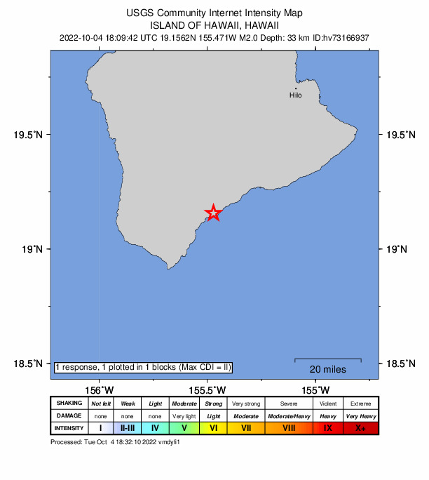 USGS DYFI community-reported intensity map for the M2.0 earthquake near 5 km S of P?hala, Hawaii