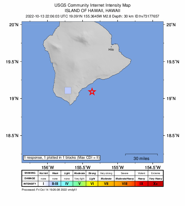 USGS DYFI community-reported intensity map for the M3.0 earthquake near 17 km SE of Pāhala, Hawaii
