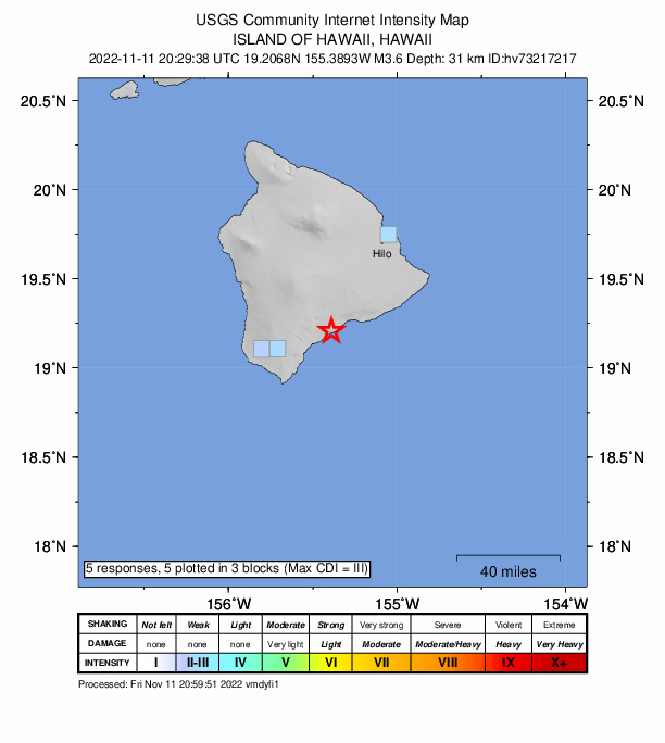 USGS DYFI community-reported intensity map for the M3.6 earthquake near 9 km E of P?hala, Hawaii