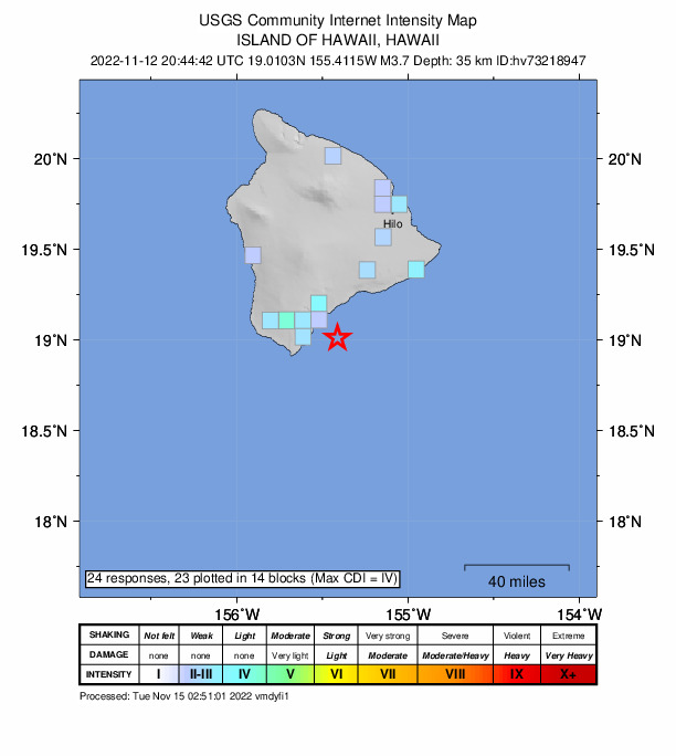 USGS DYFI community-reported intensity map for the M3.7 earthquake near 18 km ESE of Naalehu, Hawaii